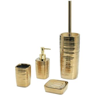 Gedy Set Bagno 4 Pezzi Kelly Color Oro, Dosasapone 240 ml, Scopino con Ciuffo in Setole, Portaspazzolino, Portasapone, Accessori Bagno Realizzati in