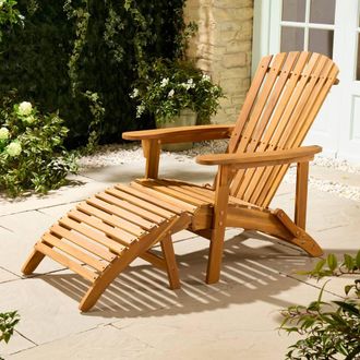 VonHaus Hudson Acacia Wooden Adirondack Garden Chair & Footstool in Brown