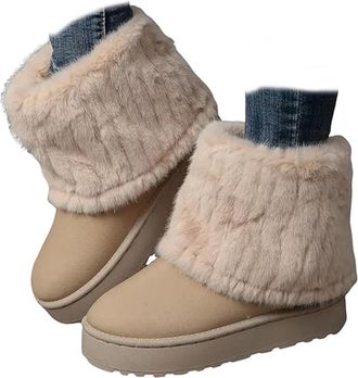 Generic Winter Boots for Women Faux Fur Ankle Snow Boots - Slip On Chunky Sole Round Toe Suede Booties, Non-Slip Casual Shoes (Beige,4.5)