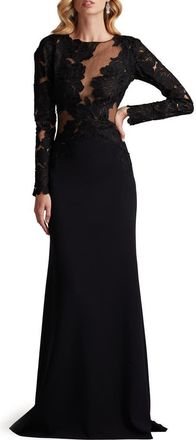 Tadashi Shoji Floral Embroidery Long Sleeve Gown in Black/Nude at Nordstrom, Size 2