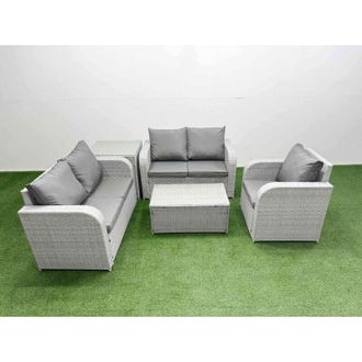 Fimous High Back Poly Rattan Garden Furniture Set with Reclining Chair Loveseat Sofa Rectangular Coffee Table Indoor Outdoor Patio Set Side Table Light Grey