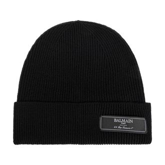 Balmain Beanies, male, Black, Size: ONE SIZE Wool Beanie with Logo Patch