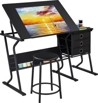 Yaheetech Yaheetech - Conjunto De Mesa De Dibujo Reclinable Con Taburete Mesa De Pintura Multifuncional Escritorio Con 3 Cajones Para Arquitecto, Pintor, Negro 