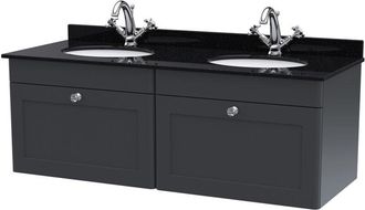 Nuie Classique Satin Soft Black 1200mm Wall Hung 2 Drawer Vanity Unit with Black Marble Countertop and 2 Round Basins with 2 Tap Holes - CLC1494BR2 - Nuie