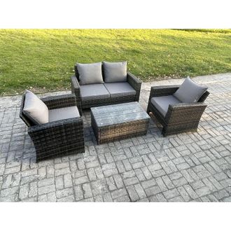 Fimous Outdoor Lounge Sofa Set Wicker pe Rattan Garden Furniture Set with Rectangular Coffee Table Double Seat Sofa Dark Grey Mixed - Fimous