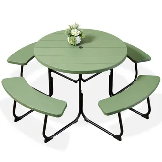 Best Choice Products 8-Person Circular Outdoor Picnic Table w/ 4 Benches, Umbrella Hole, 2000lb Capacity