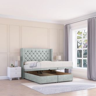 Sloomy Dior Naples Fabric Ottoman Bed End Opening With Sprung Memory Mattress & 54 Inch Floorstanding Headboard With Wings in Silver | Size: Double