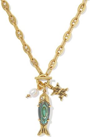 Kendra Scott Parker Fish & Cultured Freshwater Pearl Pendant Necklace in Vintage Gold Abalone Shell at Nordstrom