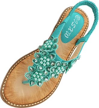 Generic Womens Summer Toe Sandals Spring and Pearls Bohemian Style Flat Sandals Shoes Ballerina, Green, 8.5 UK