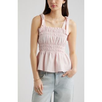 BP. Gingham Shirred Linen Blend Top in Pink- White Nia Stripe at Nordstrom, Size Xx-Small