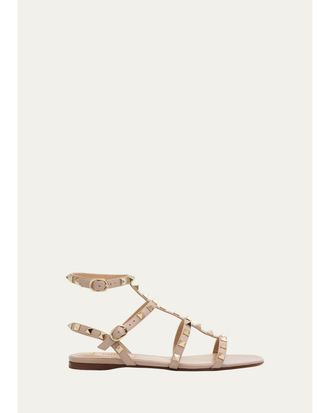 Valentino Garavani Rockstud Leather Flat Ankle-Strap Sandals