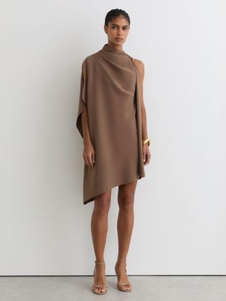 Reiss Taupe Brown One-shoulder Draped Mini Dress, 10