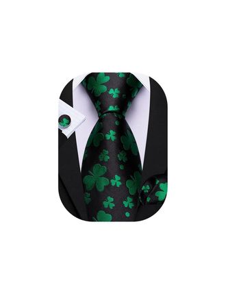 Barry.Wang Mens St. Patricks Day Ties Silk Green Shamrocks Necktie Handkerchief Cufflinks Set Party Wedding