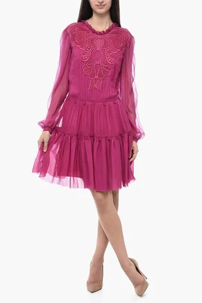 Alberta Ferretti Silk Pliss&eacute; Dress with Tone-on-Tone Embroidery Alberta Ferretti