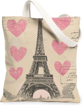 Generic Vintage Paris Tower Canvas Tote Bags, Heart Pattern Reusable Grocery Bags, Lightweight Washable Shoulder Strap Canvas for Travel, Beach, Picnic 13x15 