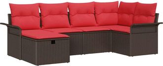 vidaXL Conjunto De Sof&aacute; De Jard&iacute;n 6 Uds. Marr&oacute;n Y Rojo Rat&aacute;n Sint&eacute;tico Vidaxl