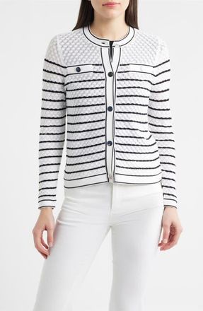 Anne Klein Stripe Stitch Detail Cardigan in Crspwht/Anneblack at Nordstrom, Size X-Small