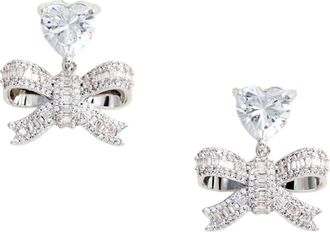 Self Portrait Crystal Bow Drop Earrings With Heart-Shaped Accents