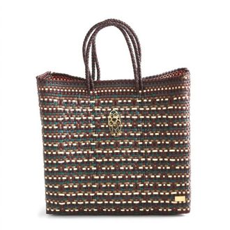 Lola's Bag Womens Medium Woven Shoulder Strap Tote Bag In Burgundy/green