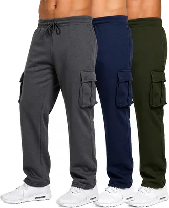 Blue Ice Mens Open Bottom Fleece Jogger Sweatpants with Velcro Cargo Pockets-3 Pack