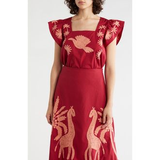 T Tahari Ruffle Sleeve Embroidered Crop Top in Summer Rose/Granite Pink at Nordstrom Rack, Size X-Small