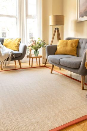 Kukoon Natural Golden Beige Jute Micro Woven Herringbone Pattern Cotton Border Area Rug in Terracotta | Size: 160 cm x 230 cm