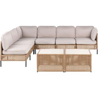 Beliani Sof&aacute; Modular De Exterior Esquinero De Rat&aacute;n Sint&eacute;tico Con Mesa De Centro 6 Plazas Estructura De Metal Con Cojines Para El Respaldo Y El Asiento Tabler