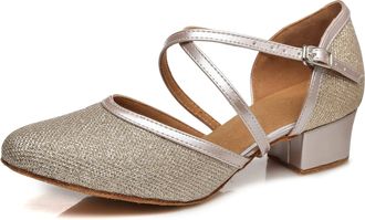 Minitoo Womens Latin Salsa T-Strap Closed Toe Synthetic Ballroom Dance Shoes Evening Wedding Pumps L481 Champagne UK 5.5