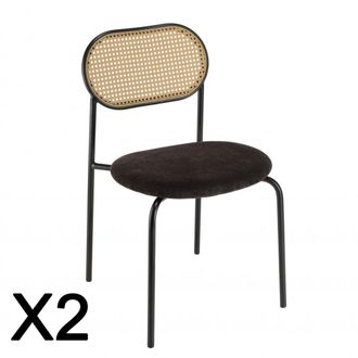 Macabane Lote de 2 sillas de tela negra, metal y respaldo con efecto de mimbre