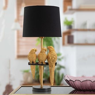 Dmora L&aacute;mpara De Mesa Paia, Decoraci&oacute;n Con Loros, Casquillo E27, Pantalla, Dorado