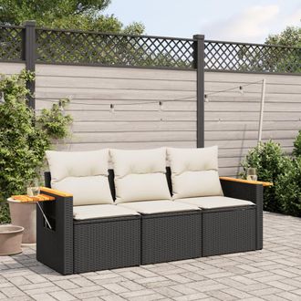vidaXL Set De Sof&aacute;s De Jard&iacute;n Con Cojines 3 Pzas Rat&aacute;n Sint&eacute;tico Negro Vidaxl