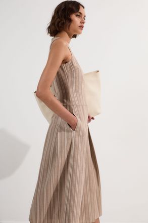 Karen Millen Womens Tailored Stripe Linen Sleeveless Full Skirt Midi Dress - Natural Cotton - Size 12 UK
