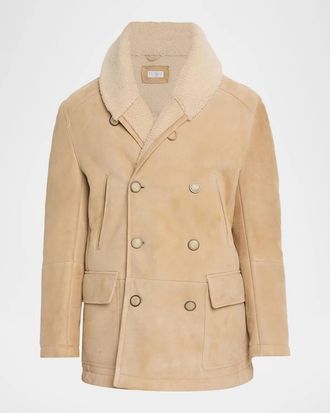 Brunello Cucinelli Men & apos;s Shearling Double-Breasted Shearling Aviator Coat