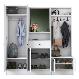 Dmora Mueble De Entrada Manzano, Espejo Incluido, Perchero, 7 Estantes, 179x37x183h Cm Blanco
