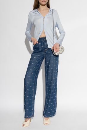 Self Portrait Satin Top With Long Sleeves, Womens, Light Blue