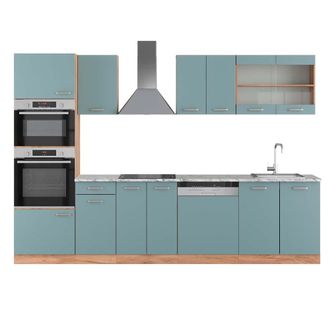 Vicco Mueble De Cocina R-line, Roble Azul-gris-dorado, 300 Cm Con Armario Alto, Et M&aacute;rmol