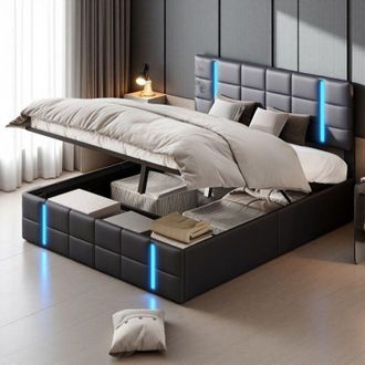 OEM Cama Doble 160x200 - Cofre Hidr&aacute;ulico - Led Rgb - Dise&ntilde;o Moderno - Negro Pu