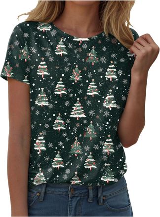 Generic Christmas Shirts for Women Merry Christmas Printed Short Sleeve T-Shirts Xmas Holiday Tees Tops Red Wine Glass Printed Loose Fit Funny Novelty Pullove