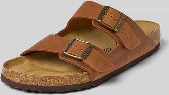 Birkenstock Slides aus Leder mit Dornschließe Modell Arizona in Cognac, Größe 43