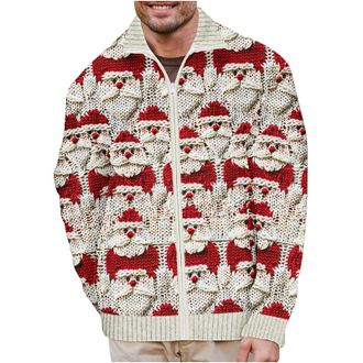 Generic Men Ugly Christmas Cardigans Funny Novelty Jackets Santa Claus Xmas Tree Coat Long Sleeve Knitted Jacket Zip Up Lapel Jumper Christmas Cardigan Baggy 