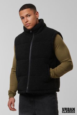 Urban Classics Mens Black Teddy Borg Funnel Neck Zip Gilet - Size X-Large