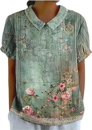 Generic Womens Summer Tops Peter Pan Collar Blouses Short Sleeve Linen Shirt Plus Size Dressy Tops Casual Loose Fit Tee Tops Ladies Linen Outfits Vintage Flor