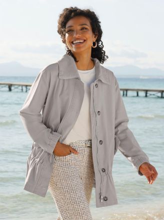 Heine Langjacke HEINE, Damen, Gr. 34, ecru, hellgrau, 98% Baumwolle, 2% Elasthan, unifarben, Jacken Langjacke