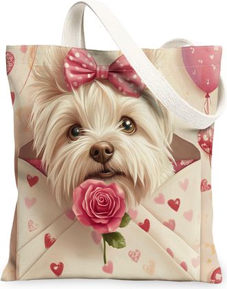 Generic Valentines Day Havanese Dog Canvas Tote Bag for Shopping 13x15, Love Letter Puppy Reusable Grocery Print Bag for Women, Lover Beach Aesthetic Painting