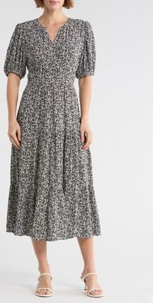 Melrose and Market Crinkled Short Sleeve Tiered Midi Dress in Ivory- Black Frances Ditsy at Nordstrom Rack, Size Xx-Small