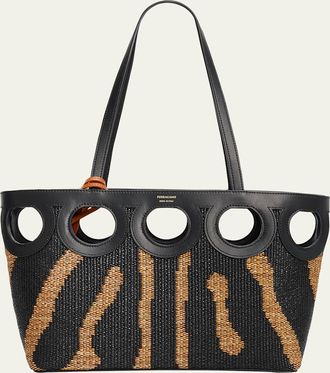 Ferragamo Gancini Outline Tote Bag in Raffia and Leather