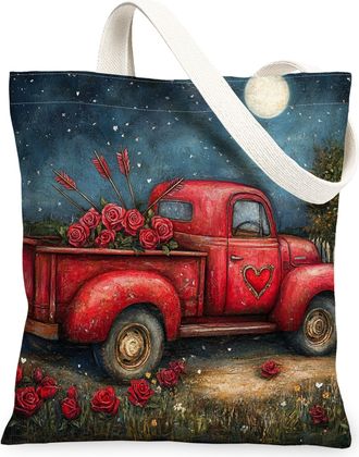 Generic Floral Canvas Tote Bags, Rustic Rose Design Reusable Grocery Bags, Winter Heart Truck Lightweight Washable Canvas for Travel Beach Picnic 13x15 Inch