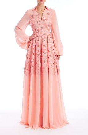 Badgley Mischka Floral Embellished Long Sleeve Evening Gown in Coral at Nordstrom, Size 14