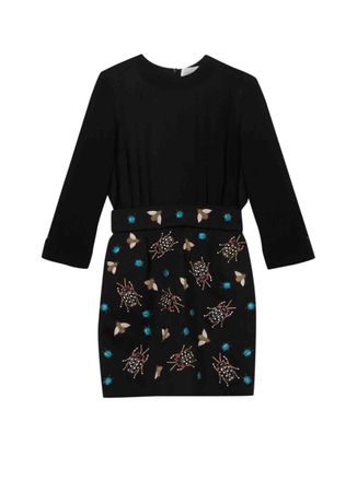 Victoria Beckham Black Silk Satin & Navy Crepe Insect Embellished Short Dress Size S