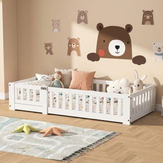 OEM Cama Infantil 90 X 190, Cama Baja, Con Somier, Madera Maciza, Dise&ntilde;o De Barandilla, Blanco